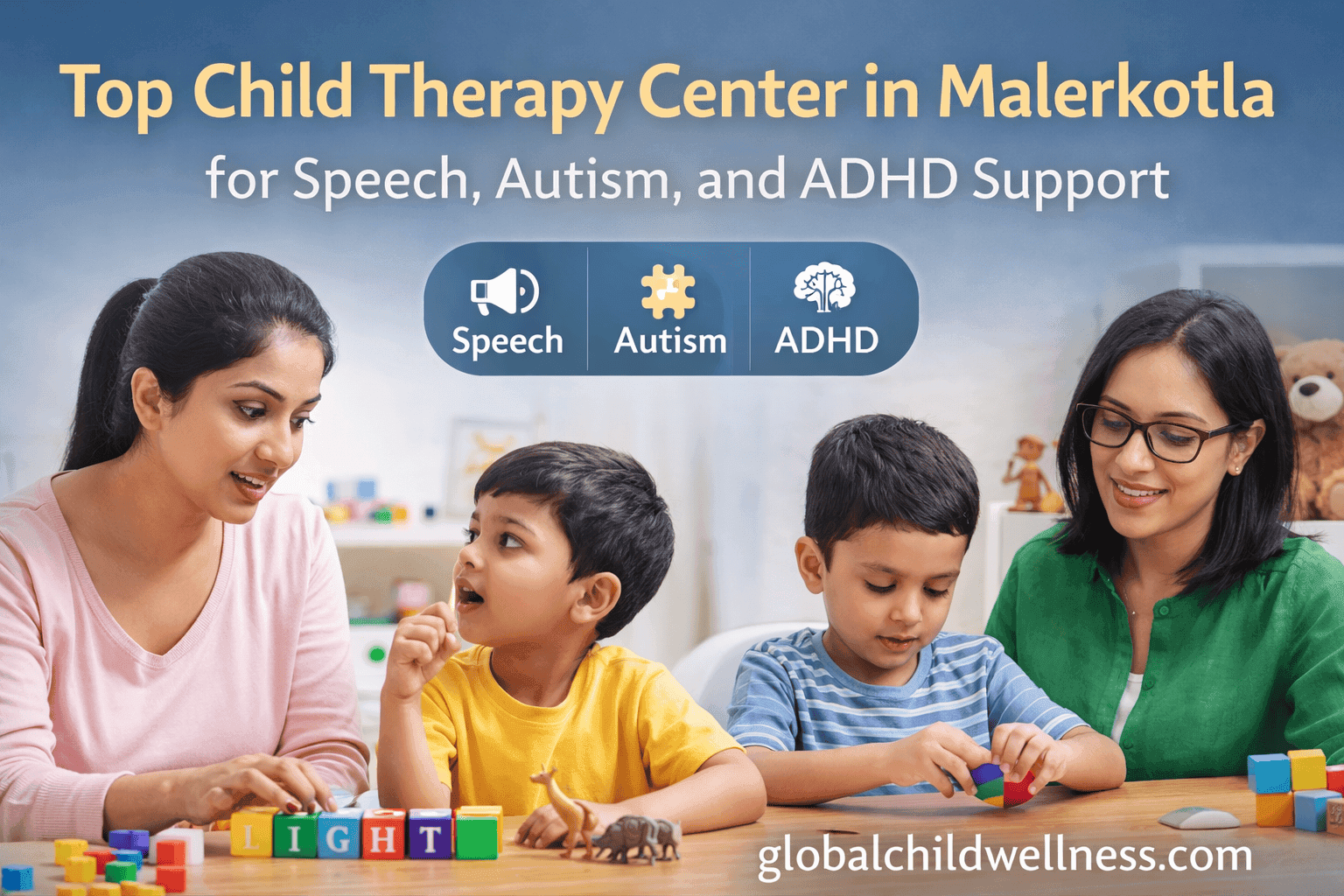 Top child therapy center in Malerkotla providing speech therapy, autism support, and ADHD treatment for children at globalchildwellness.com