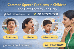Common speech problems in children like stuttering, lisping, and delayed speech with therapy support