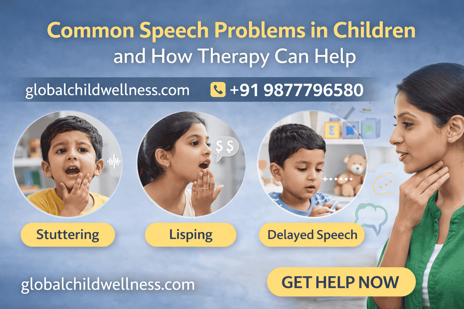Common speech problems in children like stuttering, lisping, and delayed speech with therapy support