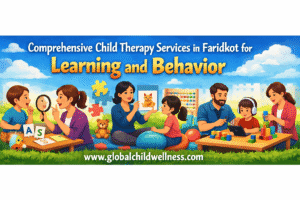 Comprehensive child therapy services in Faridkot for learning and behavior support with therapists working with children in a colorful therapy environment