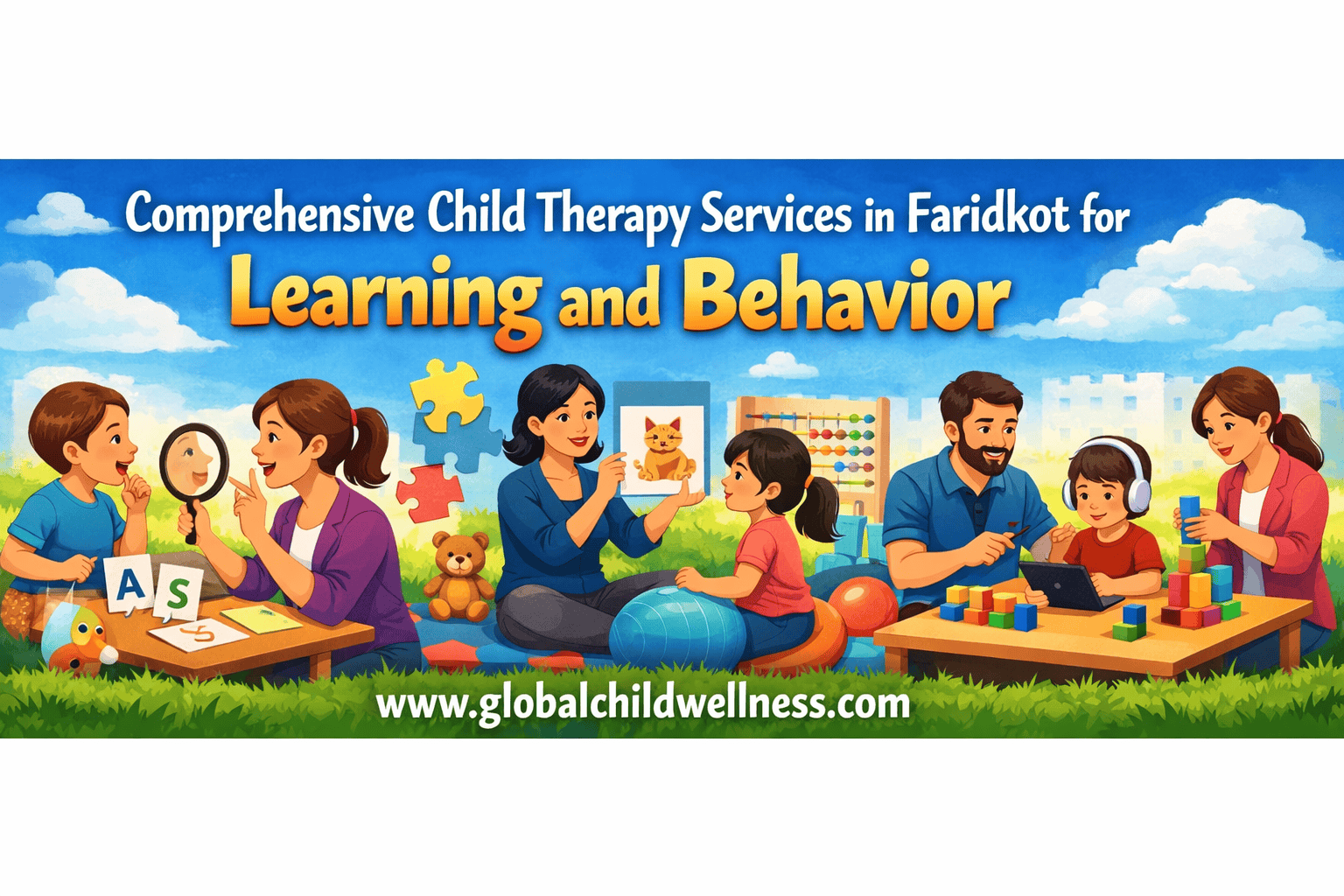Comprehensive child therapy services in Faridkot for learning and behavior support with therapists working with children in a colorful therapy environment
