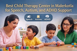 A promotional image showing two children interacting with colorful educational toys alongside two adult therapists in a supportive classroom setting. Overlaid text at the top reads: "Best Child Therapy Center in Malerkotla for Speech, Autism, and ADHD Support," accompanied by three illustrative icons.