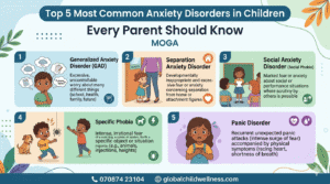 Top 5 most common anxiety disorders in children infographic showing symptoms and support tips for parents in Moga