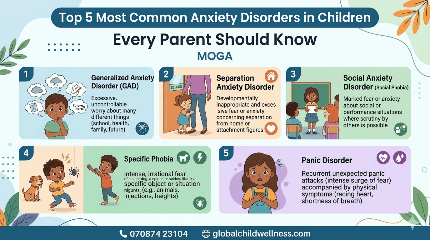 Top 5 most common anxiety disorders in children infographic showing symptoms and support tips for parents in Moga